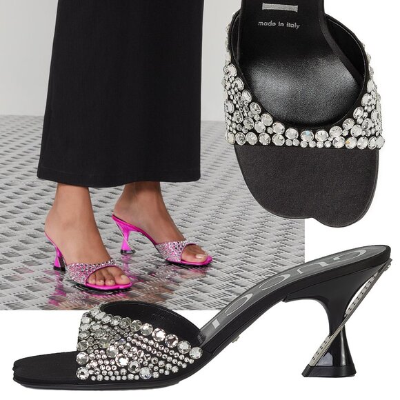 GUCCI SHOES GALACTICA CRYSTAL EMBELLISHED SATIN MULES SANDALS sz 36.5 6.5 - Picture 1 of 15